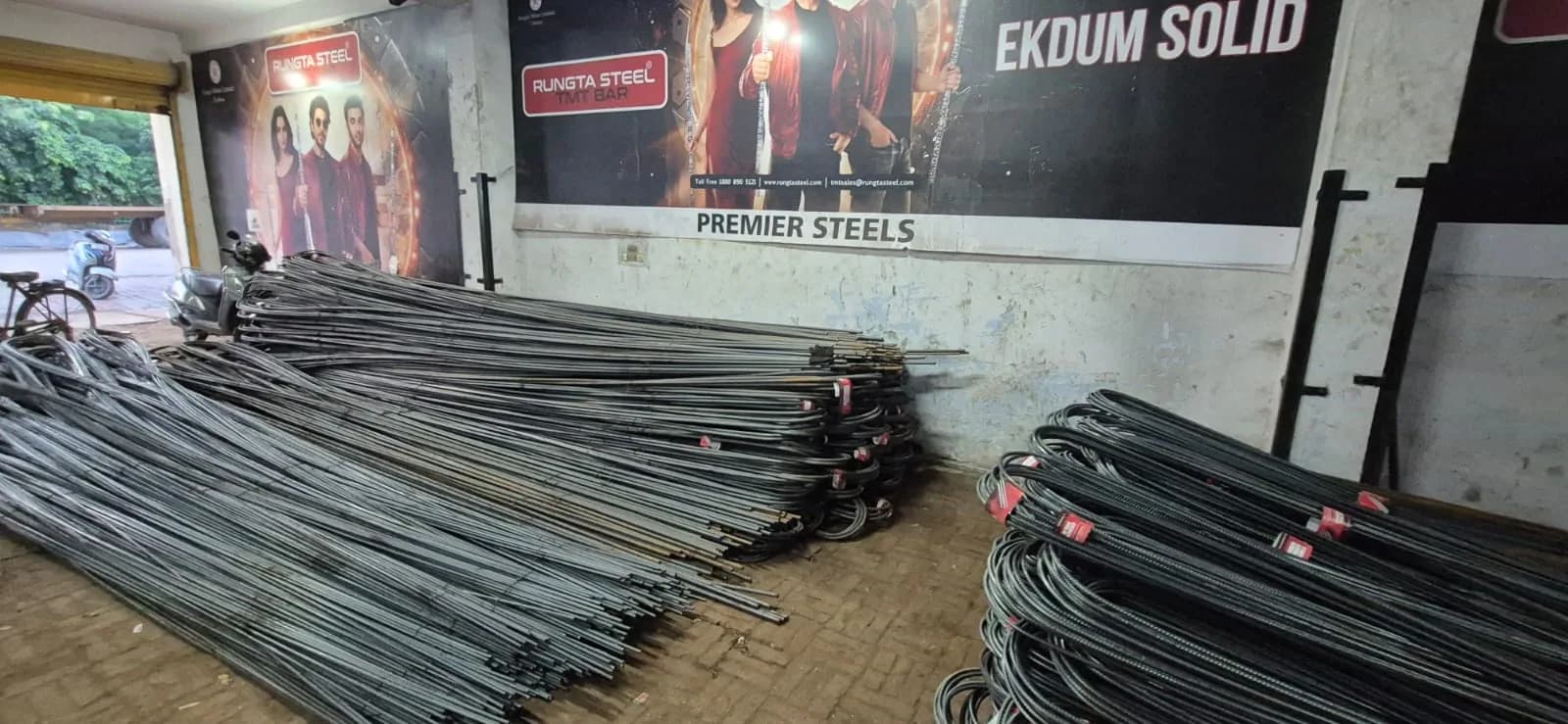 Stacks of Rungta-branded TMT bars inside the Premier Steels stockyard in Ghaziabad
