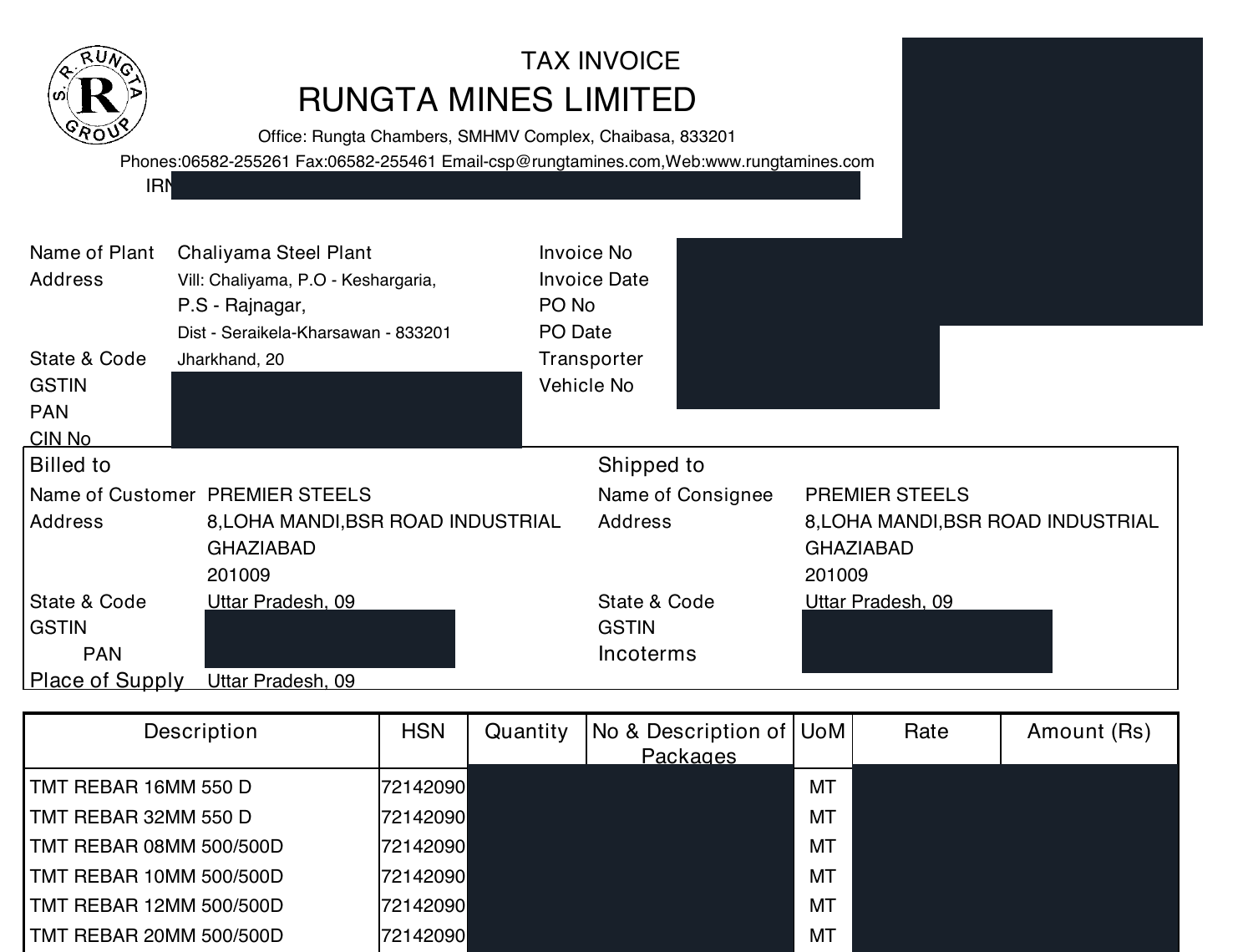 Masked Rungta Mines Limited tax invoice showing Premier Steels as billed and shipped-to buyer in Loha Mandi, Ghaziabad